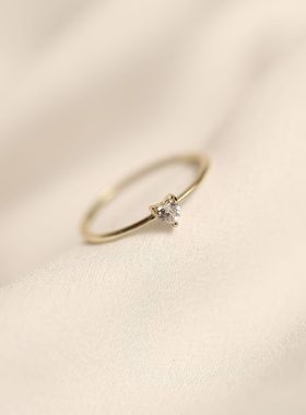 925纯银戒指女镀14k金简约桃心爱心心形单钻钻石极细尾戒闭口叠戴