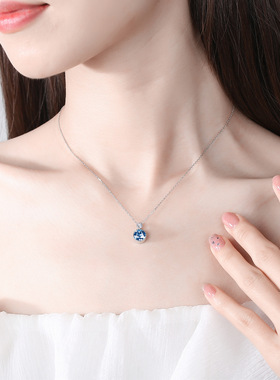 925纯银海洋之心项链女蓝水晶吊坠钻石蓝钻锁骨链高级感轻奢颈链