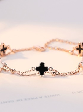 纯银红色小18K金幸运四叶草五花手链女款白贝母轻奢彩金女生银饰