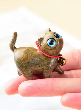 黑檀木猫咪摆件把玩铃铛可爱小猫
