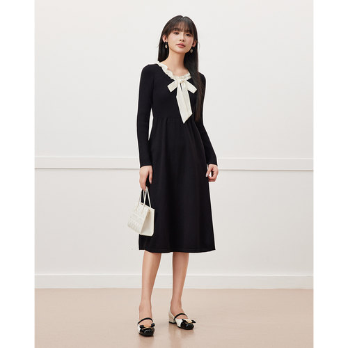 IEF/爱依服2025秋新款蝴蝶结细带法式优雅气质时尚显瘦连衣中裙 - 图0