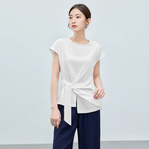 IEF/爱依服2026夏季新款休闲气质圆领设计感绑带收腰百搭显瘦上衣 - 图1