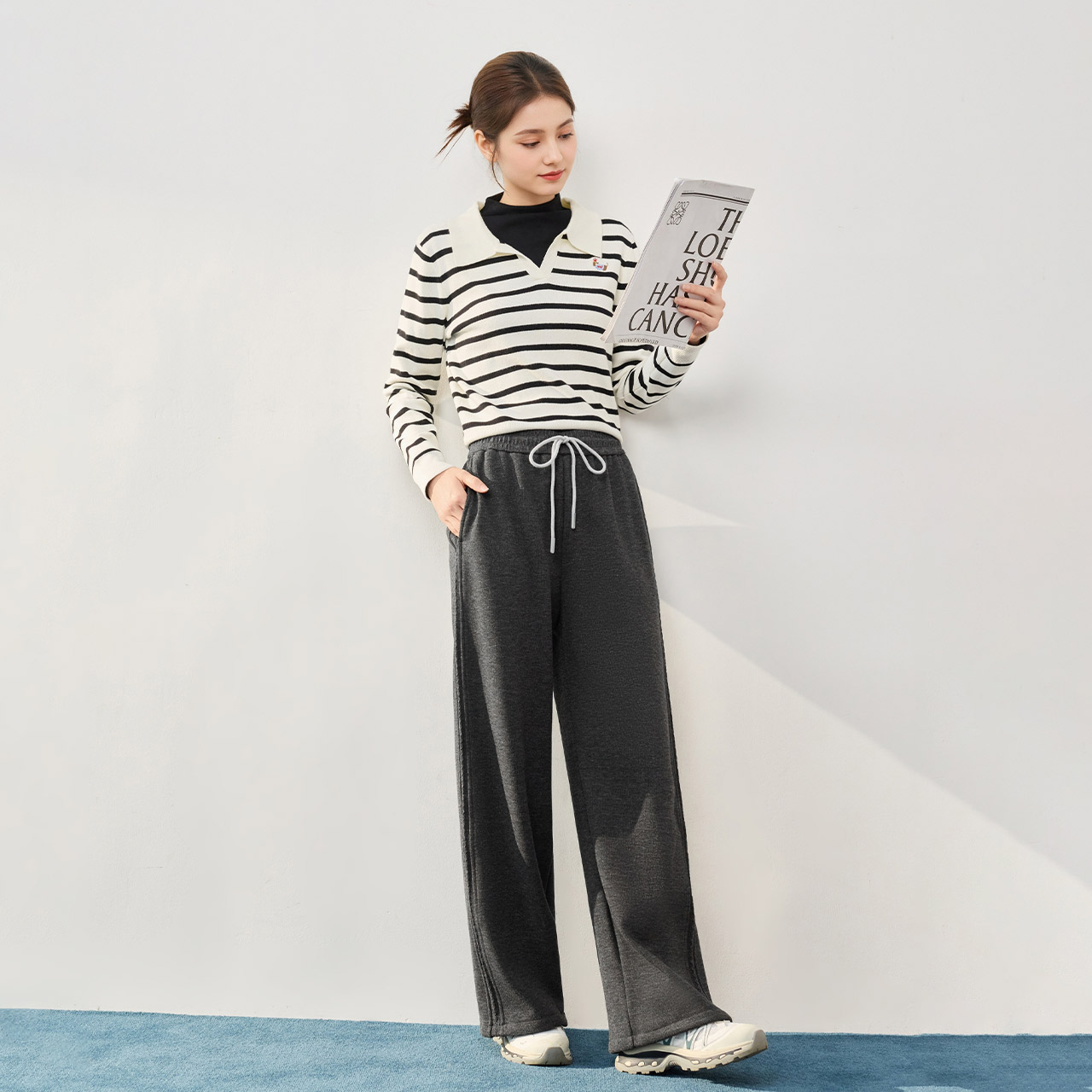 IEF/爱依服裤子2025冬季新款韩版简约休闲慵懒风加绒百搭阔腿裤 - 图2