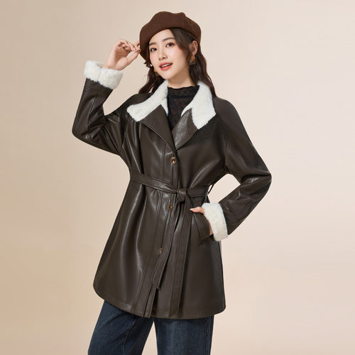 IEF/爱依服2025冬季新款法式复古风加绒保暖通勤气质亮面皮中外套 - 图1