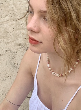 waki 粉红信号天然贝壳片巴洛克珍珠手工串珠项链Pink Signal