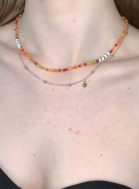 waki 西西里冰茶橘色可叠戴米珠闪亮串珠项链小众百搭锁骨链