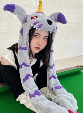 加布兽亚古兽毛绒帽子围脖围巾手套一体数码宝贝耳朵可动冬男女潮