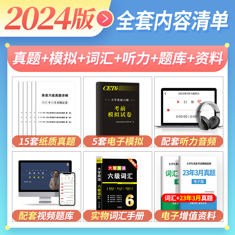 英语六级考试真题备考2024年6月历年试卷词汇书大学英语四六级通关模拟练习单词听力阅读翻译作文专项训练全套资料cet4级四级星火 - 图0