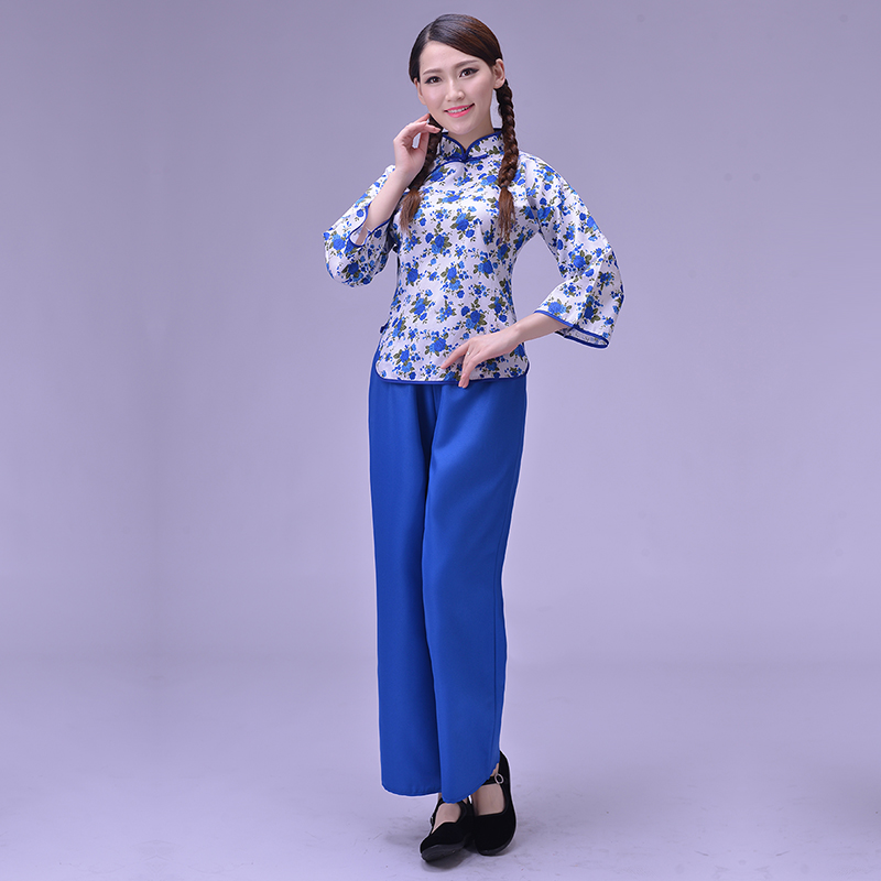 洛芳菲旗舰店采茶女村姑秧歌演出服装乡村民族风女装舞蹈茶楼茶艺茶道表演服装1