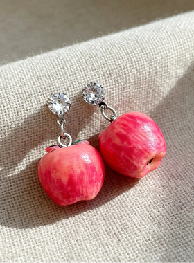 新款超闪锆石树脂苹果香梨耳钉小清新甜美百搭耳环轻奢高级感耳饰
