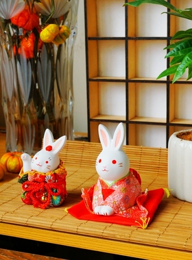 日本招财福袋兔子陶瓷摆件