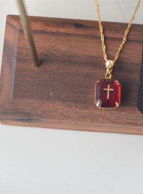 红色十字架宝石复古vintage项链