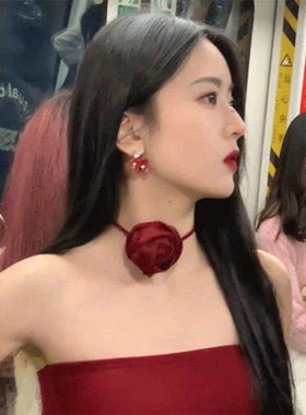 红色玫瑰花项链女脖子配饰颈花choker项圈花朵颈带万圣节cos装扮