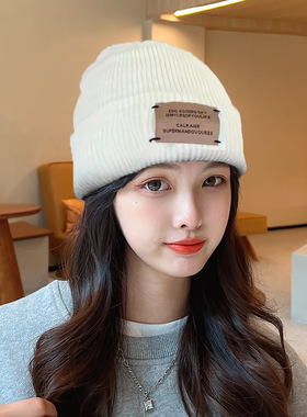 帽子潮复古贴布情侣毛线帽女秋冬季大头围保暖韩版ins护耳针织帽