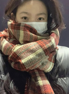 双面格子围巾女冬季高级感日系韩版百搭保暖加厚学生情侣围脖男