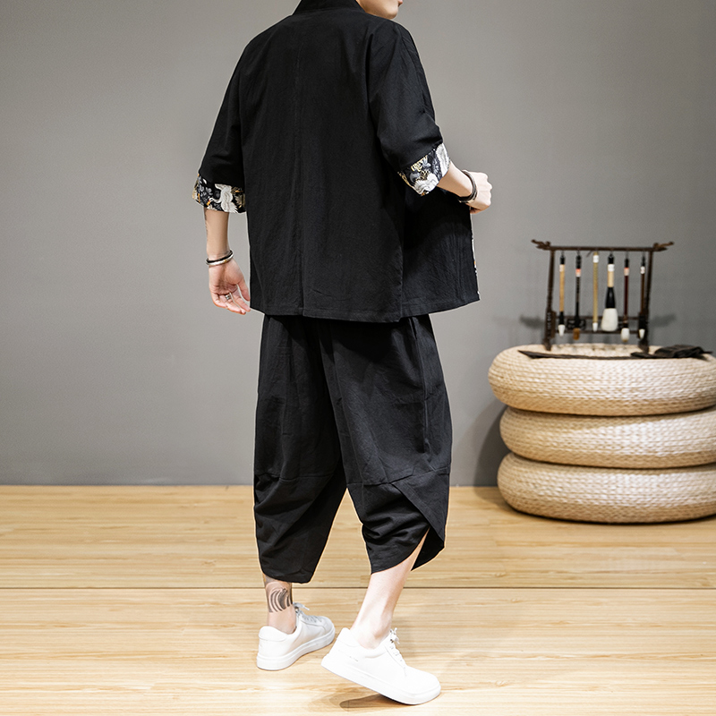 宾卓旗舰店中国风新款男士宽松休闲仙鹤刺绣改良汉服古风仙气青年唐装套装潮3