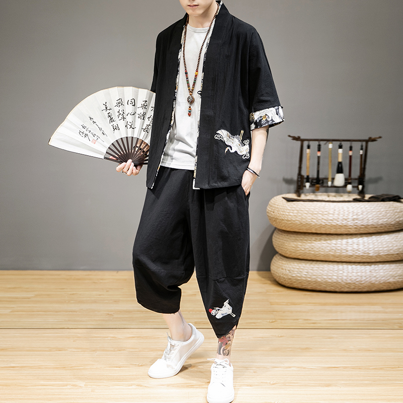 宾卓旗舰店中国风新款男士宽松休闲仙鹤刺绣改良汉服古风仙气青年唐装套装潮1