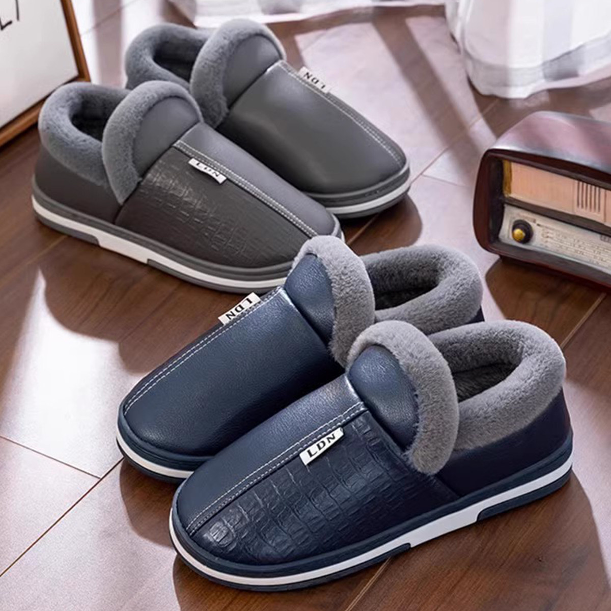 男士棉拖鞋冬季包跟加厚家居防滑皮面加绒防水保暖冬款棉鞋男外穿,淘宝优惠券,粉丝福利购,淘宝优惠卷