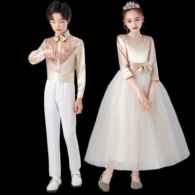 新款男童长袖礼服女童香槟色舞蹈纱裙中小学生合唱团演出服装朗诵,淘宝优惠券,粉丝福利购,淘宝优惠卷