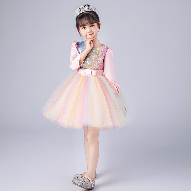 儿童演出服女童长袖七彩蓬蓬裙幼儿园舞蹈裙小学生集体朗诵合唱服,淘宝优惠券,粉丝福利购,淘宝优惠卷