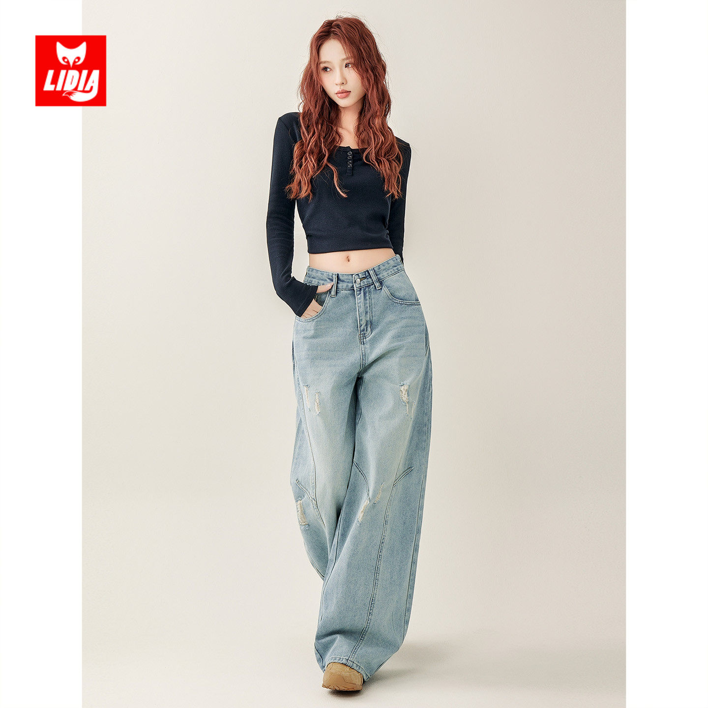 美式复古破洞阔腿牛仔裤女秋冬2025新款设计感高腰宽松显瘦弯刀裤,淘宝优惠券,粉丝福利购,淘宝优惠卷