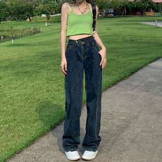 Джинсы женские 深蓝色高腰阔腿牛仔裤女春季2023年新款直筒宽松复古拖地裤子春装