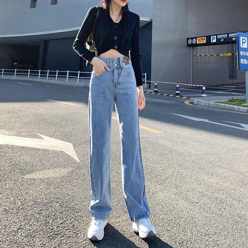 浅色高腰阔腿直筒春秋2023牛仔裤 灵貂牛仔裤