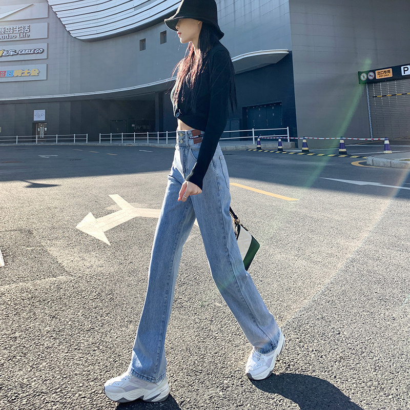 浅色高腰阔腿直筒春秋2023牛仔裤 灵貂牛仔裤