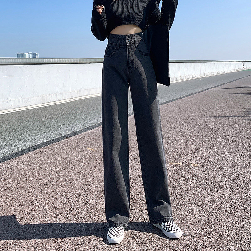 烟灰色高腰阔腿裤直筒秋冬潮牛仔裤 灵貂牛仔裤
