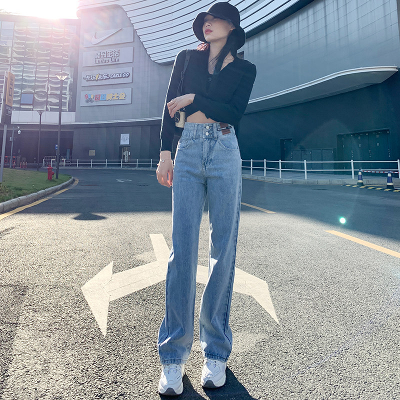 浅色高腰阔腿直筒春秋2023牛仔裤 灵貂牛仔裤