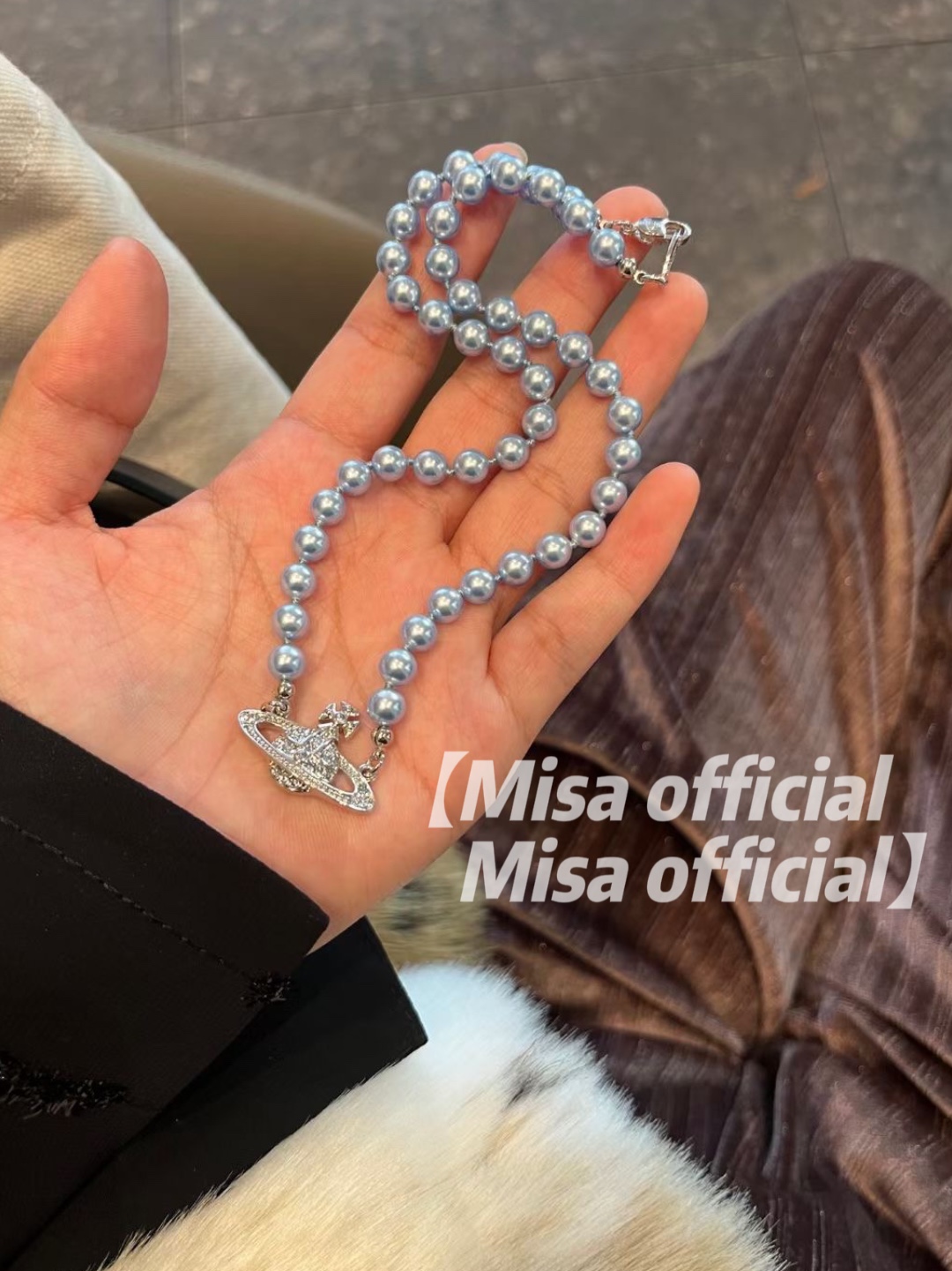 Misa official｜蓝色珍珠土星项链手链显白不撞款气质小众choker - 图2