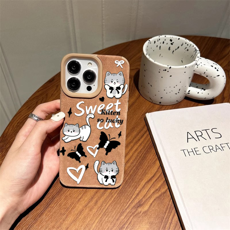 蝴蝶黑猫ins风韩系手机壳适用iPhone16/15promax羊皮壳苹果14plus华为p70小米13可爱VIVOS20OPPOreno12猫咪 - 图2