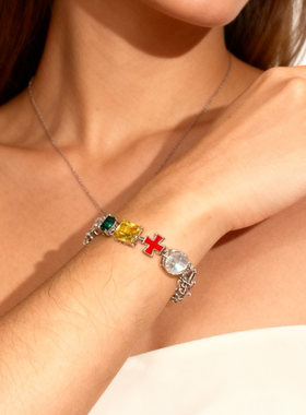 欧美风银彩色锆石滴油画嘻哈手链