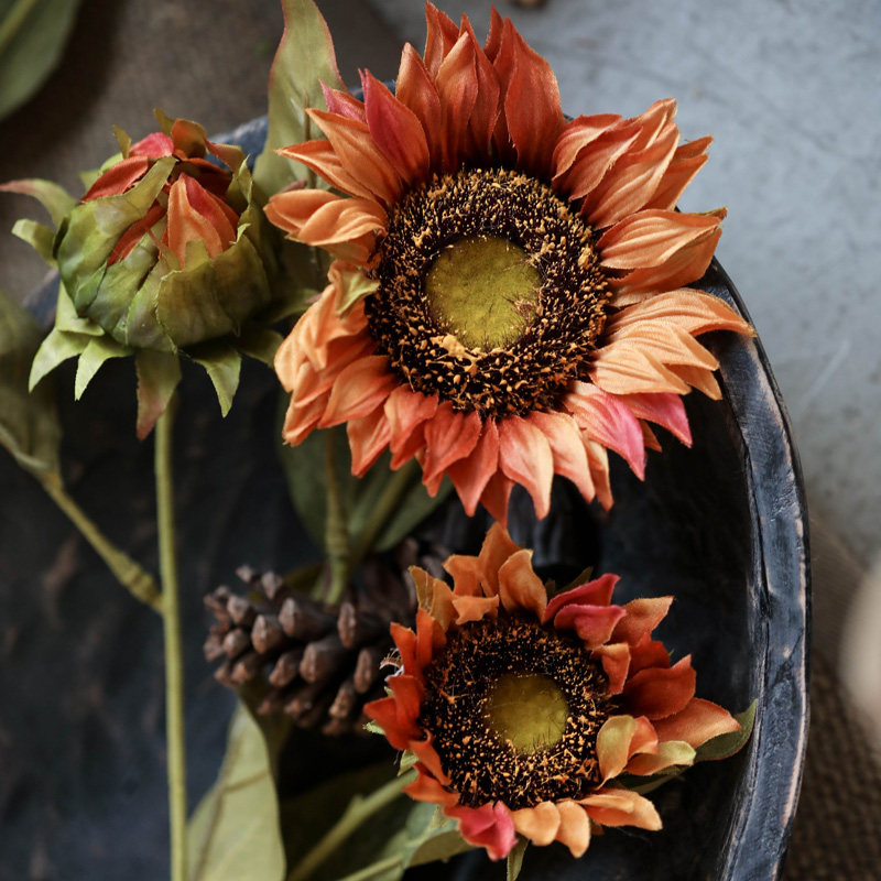 左岸麦田 3头复古秋色向日葵装饰花绢花餐桌花艺摆件假花仿真花,淘宝优惠券,粉丝福利购,淘宝优惠卷