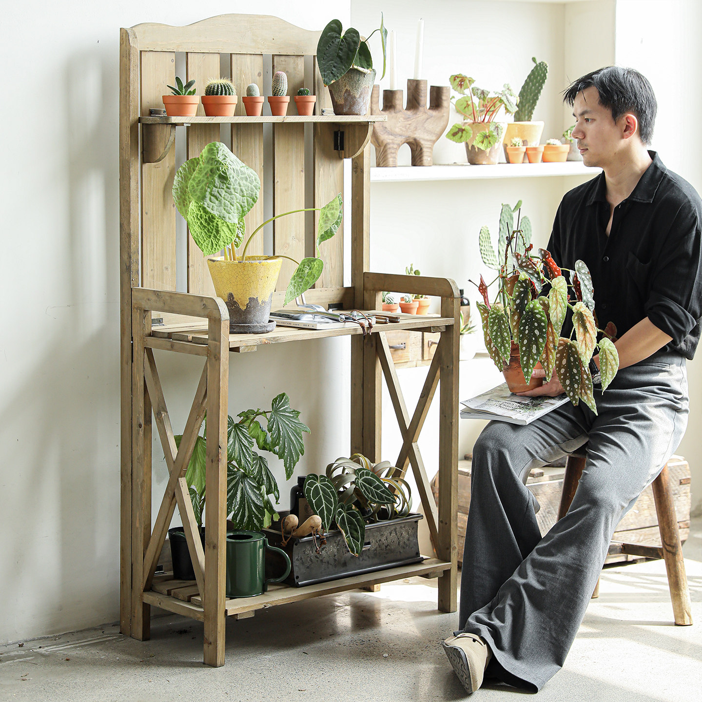 米森园艺操作台折叠实木复古三层花架阳台花园绿植盆栽落地置物架,淘宝优惠券,粉丝福利购,淘宝优惠卷