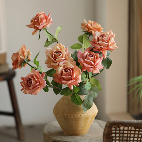 复古做旧土陶罐黄色陶瓷花瓶侘寂风仿真花花器客厅玄关摆设饰品 - 图1