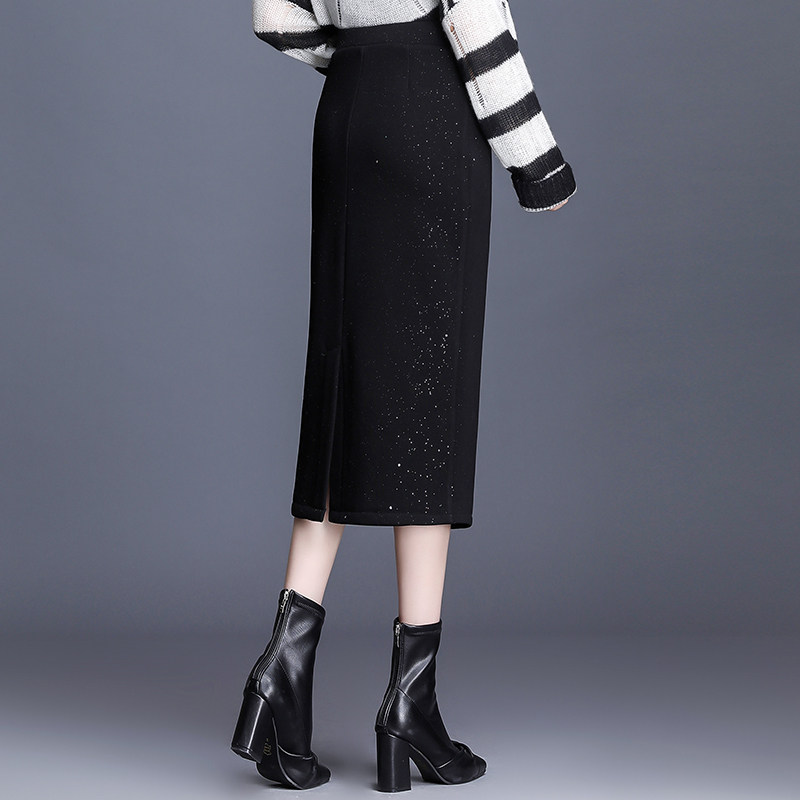 blingbling黑色针织女冬加绒一步裙 麦卡莎半身裙