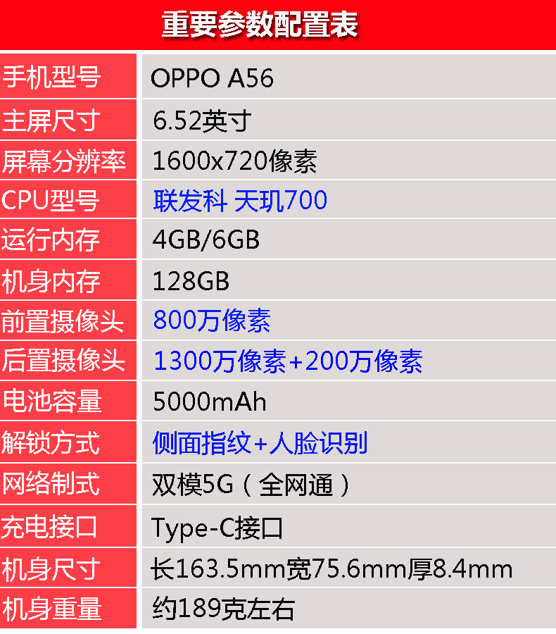 OPPO A56 天玑700处理器 新款6.52英寸大屏大电池双模5G智能手机
