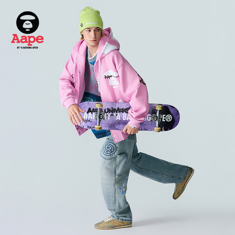 Aape letter star hooded plus fleece baseball jacket