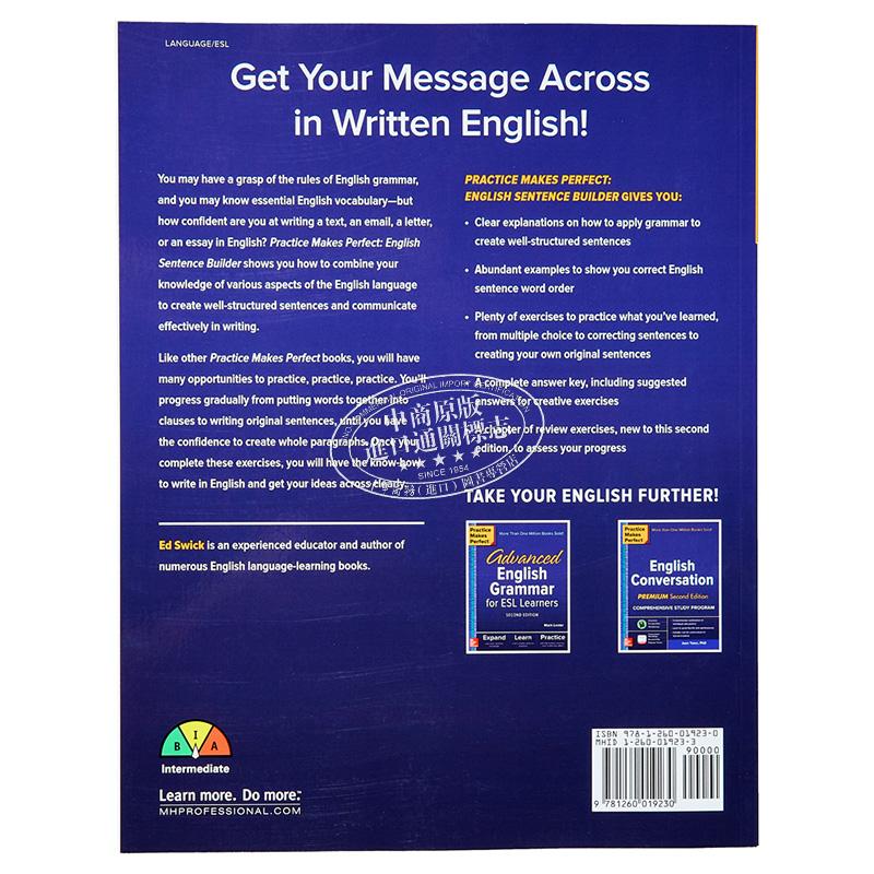 预售 熟能生巧 英语语法造句 Practice Makes Perfect English Sentence Builder 第二版 含答案 进口英文原版教材英语自学