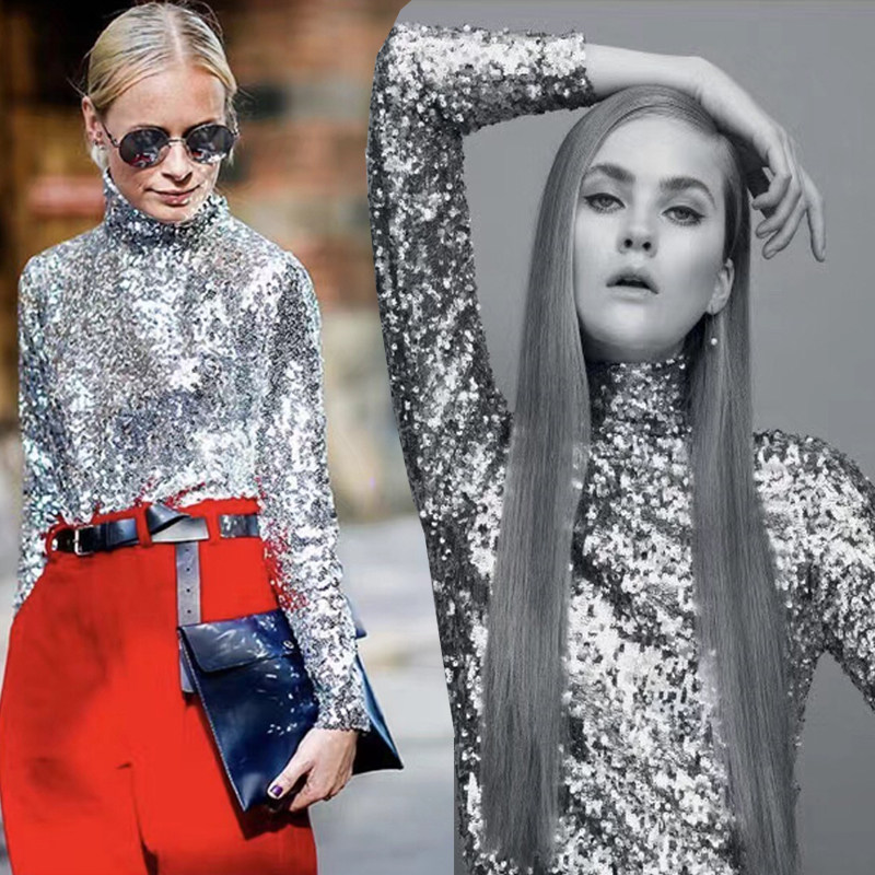 欧美博主同款上衣半高领长袖亮片女秋冬装新款修身内搭外穿打底衫