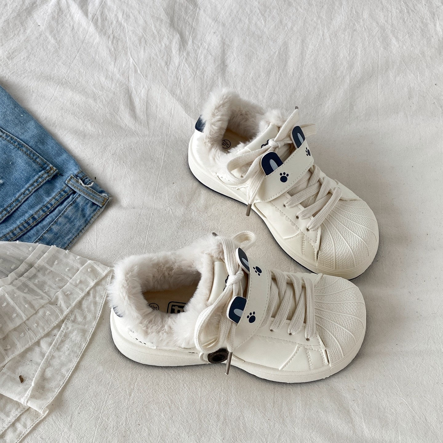 喜叔丑萌小众粉色二棉鞋女2025新款冬季加绒贝壳头板鞋厚底小白鞋,淘宝优惠券,粉丝福利购,淘宝优惠卷