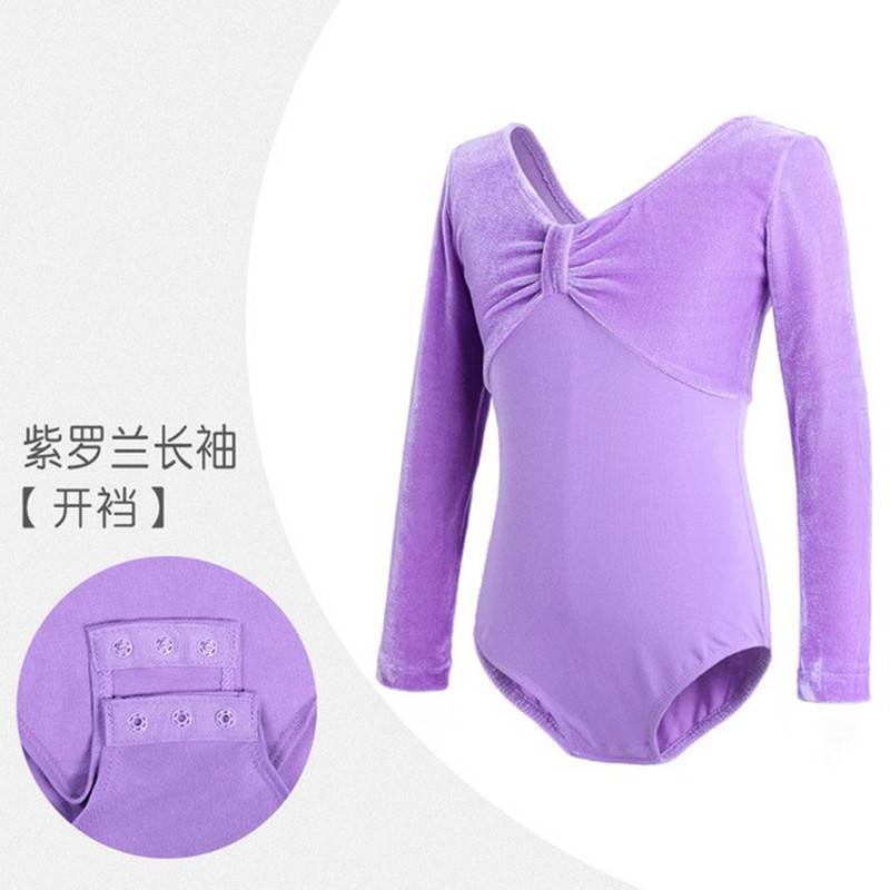 儿童舞蹈服装秋冬丝绒拼接棉长短袖练功服女童芭蕾舞连体衣形体服-图2