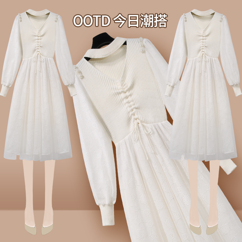 初黎旗舰店2022早春季新款女装蓝色秋冬打底法式小众设计公主长裙蕾丝连衣裙0