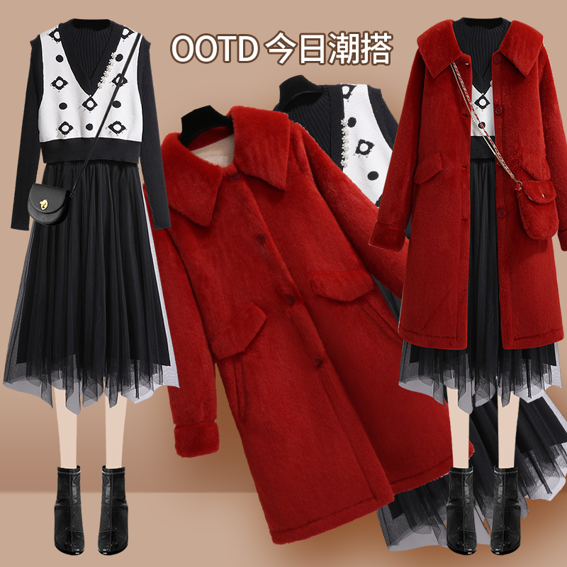 初黎旗舰店针织连衣裙两件套秋冬黑打底内搭新年女装高级感红色长裙毛衣裙子0