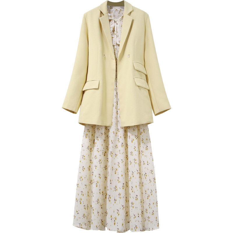 初黎旗舰店2022年早春季女装新款西装裙子两件套法式中长款雪纺碎花连衣裙仙3