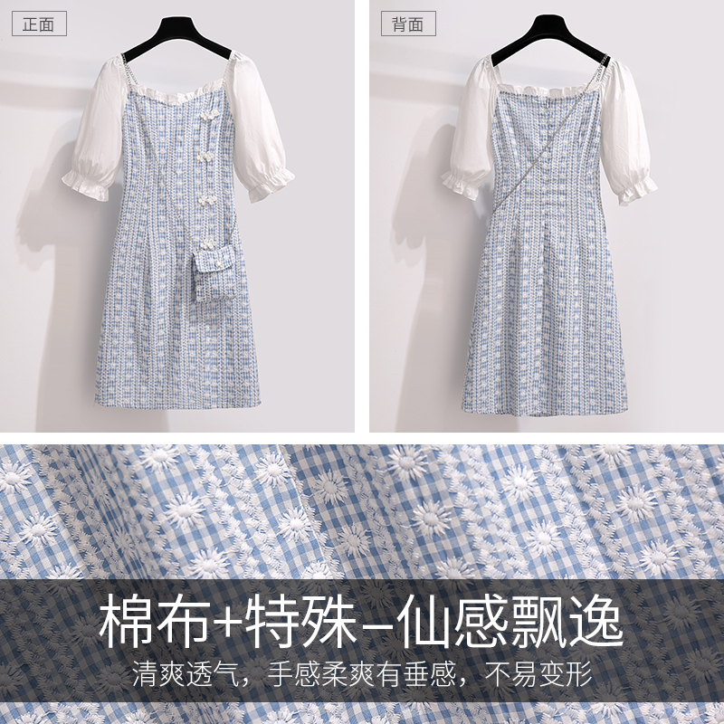 初黎旗舰店方领格子连衣裙夏季法式桔梗初恋小个子温柔风中国风改良旗袍裙子1