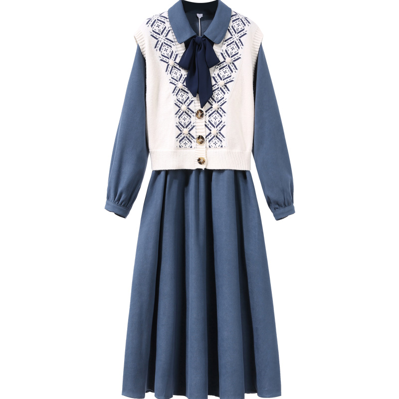 初黎旗舰店灯芯绒连衣裙女秋冬季法式打底内搭马甲2022年早春装新款两件套装3