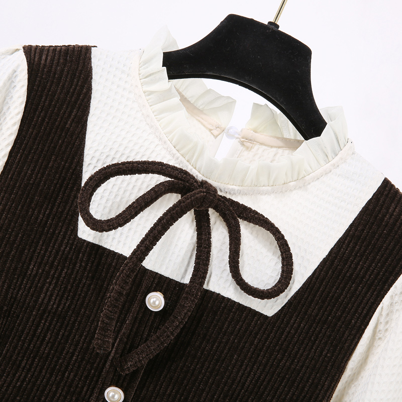 初黎旗舰店黑色假两件连衣裙女秋冬打底小香风早春装2022年新款灯芯绒背带裙1