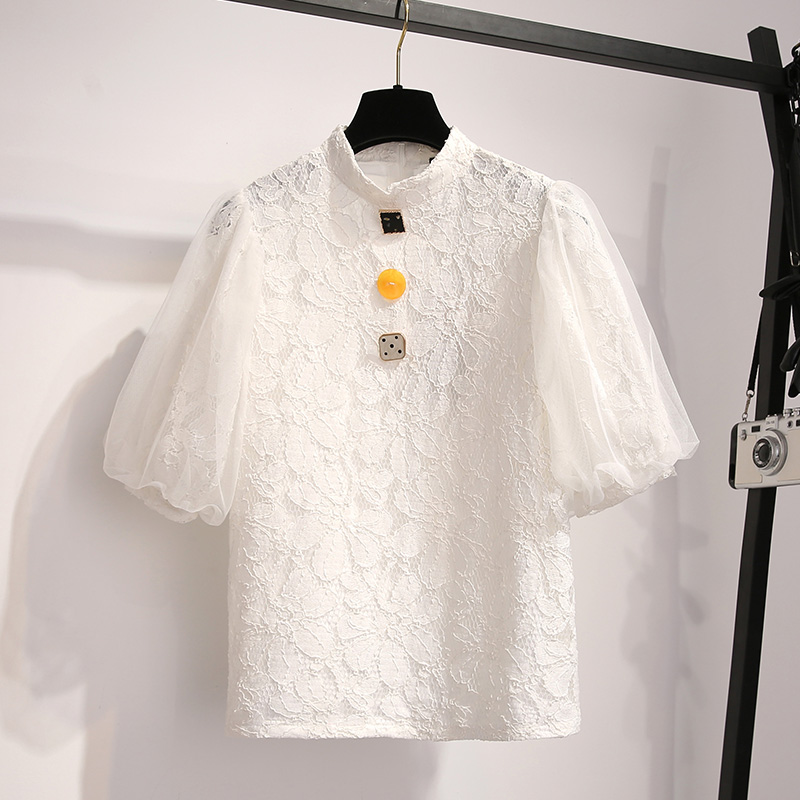 初黎旗舰店蕾丝上衣春小仙女短袖雪纺衫仙气小衫高档洋气时尚灯笼袖衬衫2